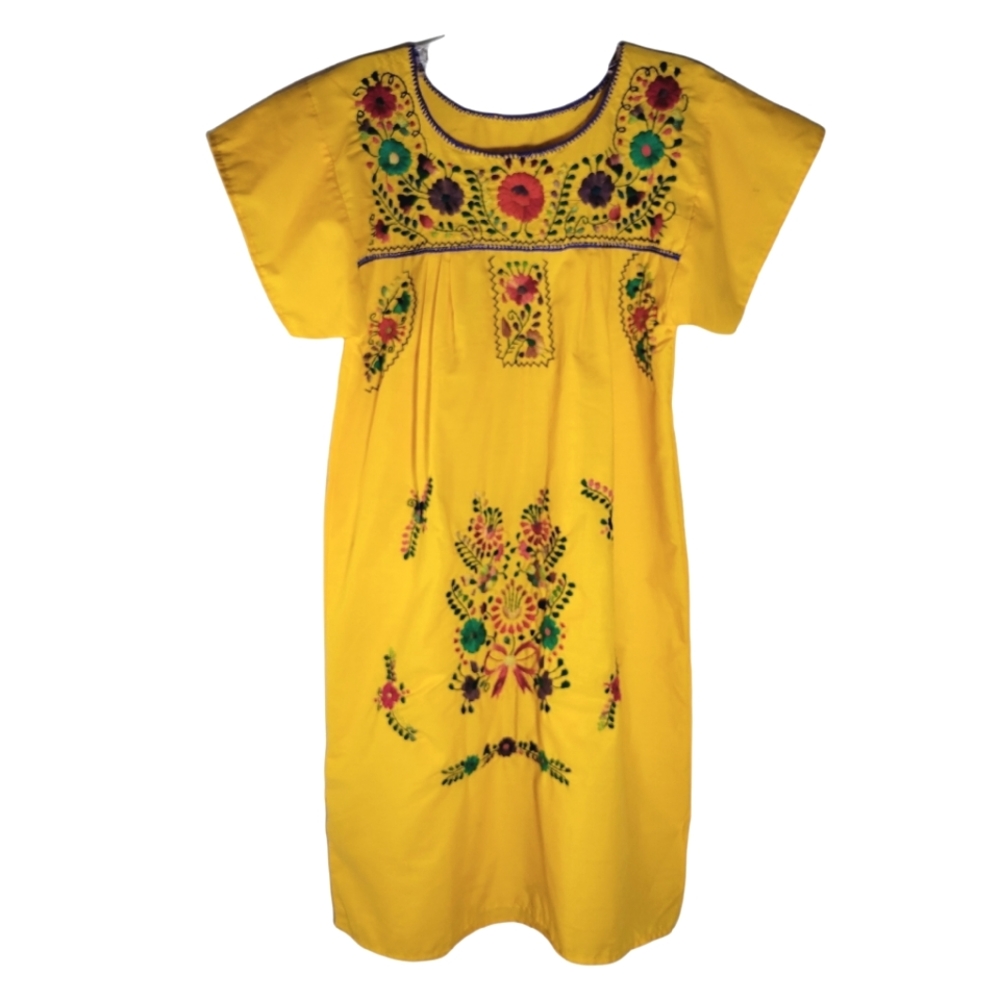 Yellow cotton Mexican embroidered dress Size Small